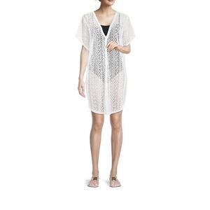 Time and Tru Women White V-Neck Wavy Crochet Drop Short Sleeve Cover Up Size L
